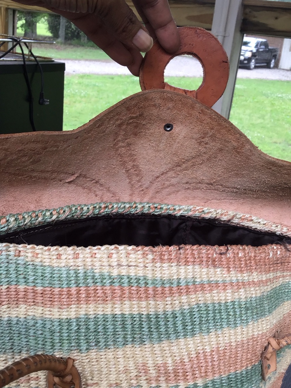 Made in Kenya Woven From Sisal Fibre Tote with Leather Trim - Tan & Green Coral - Picture 13 of 16